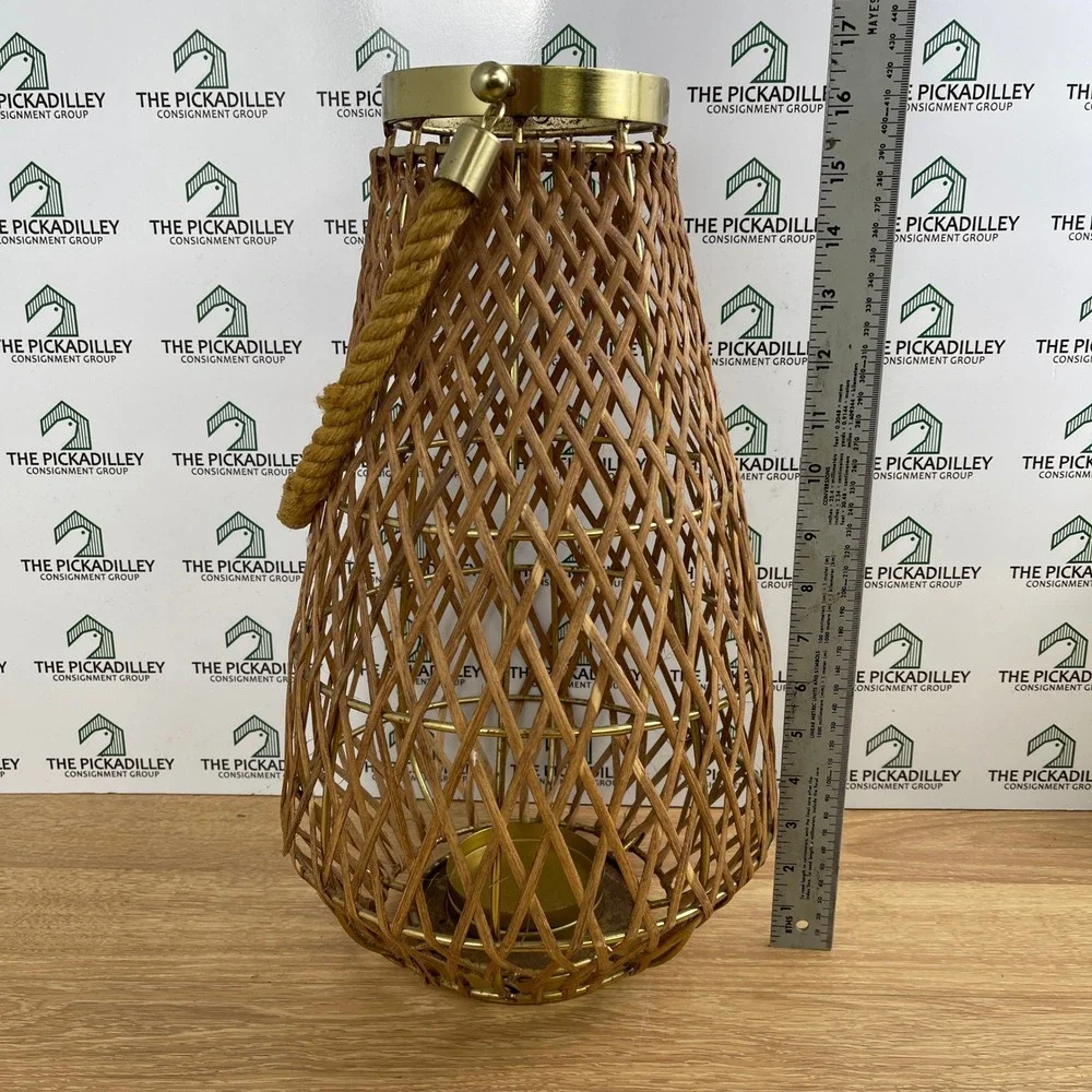 Allen + Roth Woven Rattan Gold Metal Pillar Candle Outdoor Decorative Lantern